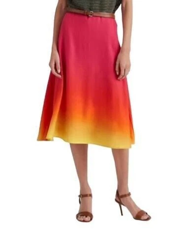 NWT $195 Lauren Ralph Lauren Ombré Linen Blend Lined A-Line Midi Skirt sz 0