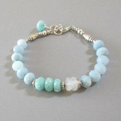 djs Sundance Sol Aquamarine Amazonite Rainbow Moonstone Sterling Silver Bracelet