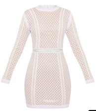 NWT Prettylittlething Thea White Fishnet Panel Bodycon Dress Size 12