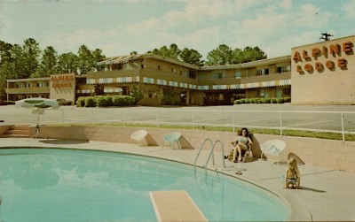 1975 Alpine Lodge Quality Inn Pool Area Woman in Bikini Macon GA Postcard C1