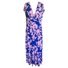 Boden Floral Midi Dress Blue Pink V-Neck Short Sleeve Viscose Size 16 R Stretchy