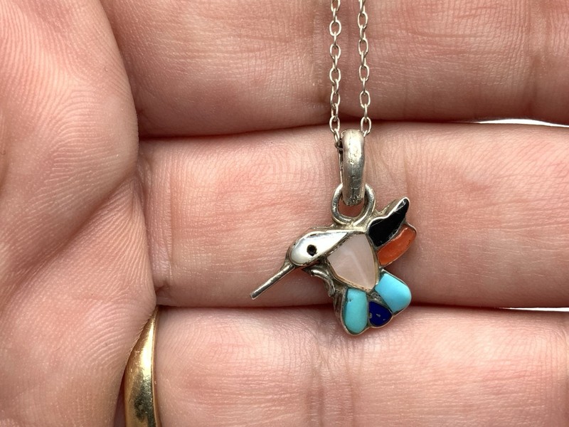 Zuni Native Sterling Silver Multi Stone Hummingbird Small Pendant 16” Necklace