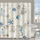 Nautical Coastal Shower Curtain, Vintage Ocean Beach Seashell Seahorse Lighth...