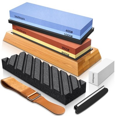 Intelitopia Complete Knife Sharpening Stone Set   Dual 7 pcs, Red bule-7cps