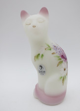 FENTON WHITE OPAL LAVENDER SATIN GLASS STYLIZED HAND PAINTED ROSES CAT GIFT