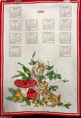 Vintage Paradiso Italy 1986 Calendar Tea Towel Chipmunks Squirrel Mushrooms ￼