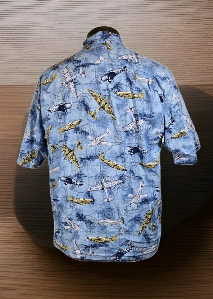 Camisa havaiana masculina Yo Wear L USAF Segunda Guerra Mundial bombardeiro aviões de combate mapa vintage anos 90 - Imagem 3 de 4