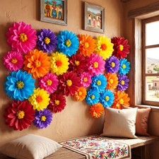 Mexican Fiesta Tissue Paper Flowers Pom Poms 10" 12" 14" 18 PCS Set