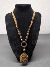 Copper wire wrapped stone pendant necklace earth-tone beads multi-strand cords