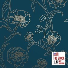 Peonies Removable Peel and Stick Floral Peacock Blue Metallic Gold
