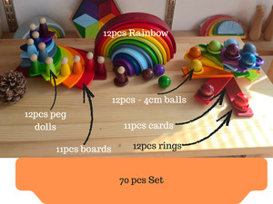 Wooden Rainbow Stacker | Grimms Style Rainbow | Montessori Wooden Toy | 70 pcs