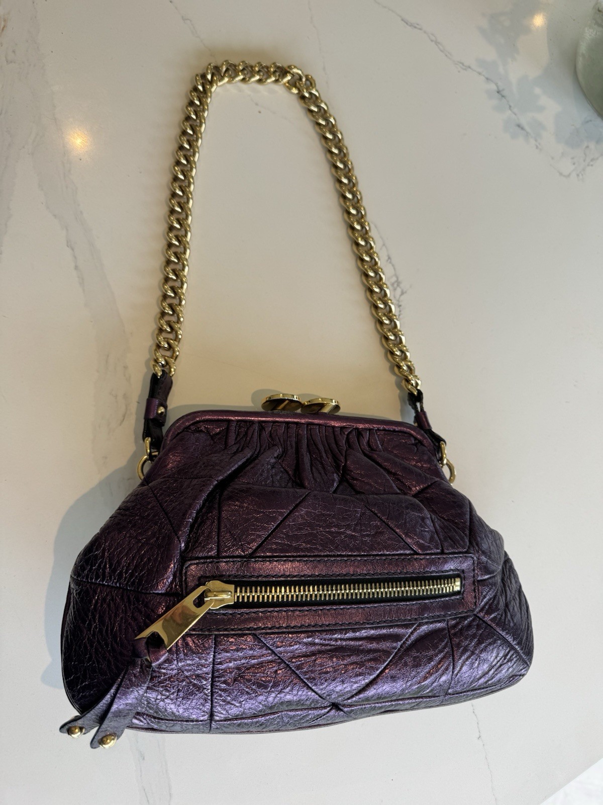 Marc Jacobs STAM Purple Leather Quilted Shoulder Bag Gold Chain Strap Zip image 4