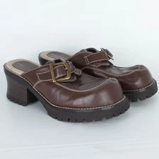 VTG Lower East Side Womens Platform Mules Size 8 Brown Y2K Chunky Heel Buckle