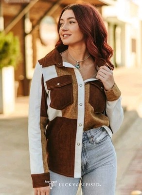 Lucky & Blessed Multi Fabric Patchwork Pearl Snap Shirt/Jacket L