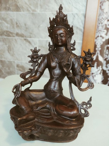 12 Antique Bronze green tara Buddha Statue Old Temple God Buddhism Kwan-yin Buda - Picture 9 of 9