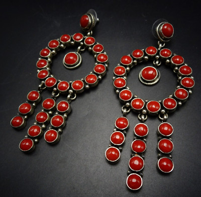 E. Richards NAVAJO Sterling Silver RED MEDITERRANEAN CORAL EARRINGS Round Dangle