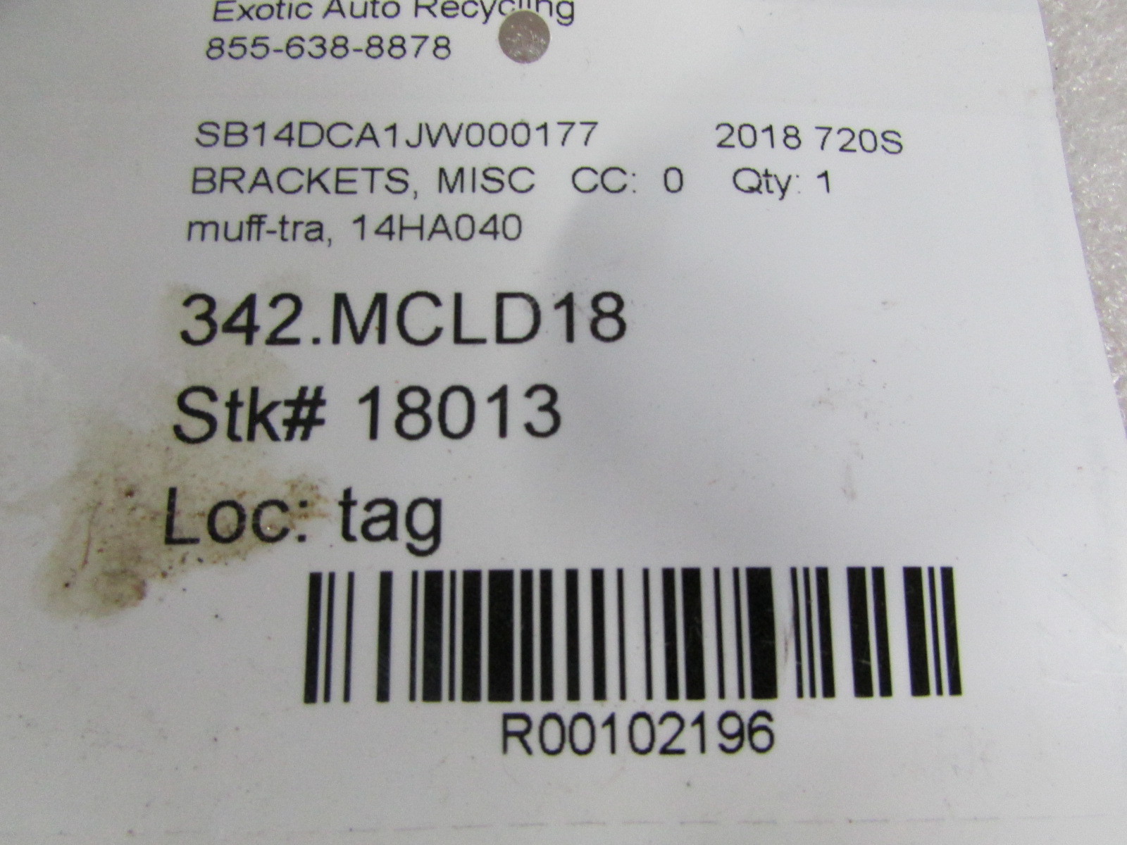 McLaren 720S, Muffler/Transmission Bracket, Used, P/N 14HA040