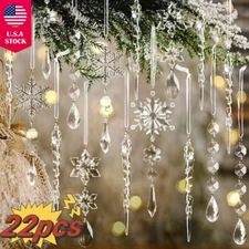 22× Christmas Tree Clear Glass Icicle Snowflake Ornaments Xmas Decor w/ Roap USA