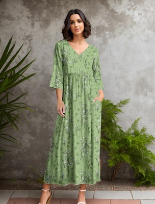 Bon Apple Tea Women's 3/4 Sleeve V-neck Empire Waist Maxi Dress with Pockets