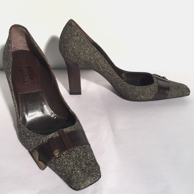 New GIVENCHY Brown Tweed and Leather Pumps Heels 37 square toe NO BOX Italy