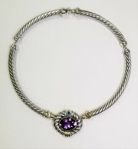 David Yurman Cable Ameythyst / Blue Topaz Sterl and 14K Gold Necklace. NEW-like. - Picture 4 of 9