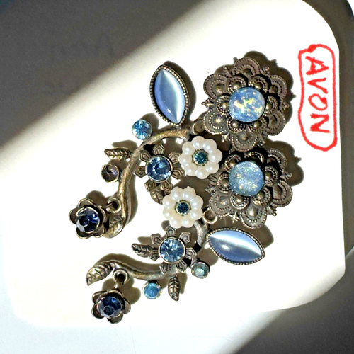 Earrings Avon Blue Rhinestones Moonstone Brass Color Floral Flowers Clip Ons 2" - Picture 10 of 11