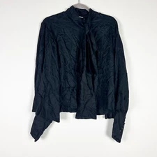 NEW Mille Gigi Top Long Sleeve Button Down Tie Neck Black Jacquard Blouse Large