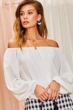 Off Shoulder Long Bubble Sleeve Solid Top White