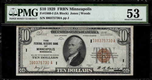 1929 $10 Federal Reserve Bank Note - Minneapolis - FR.1860-I - PMG 53