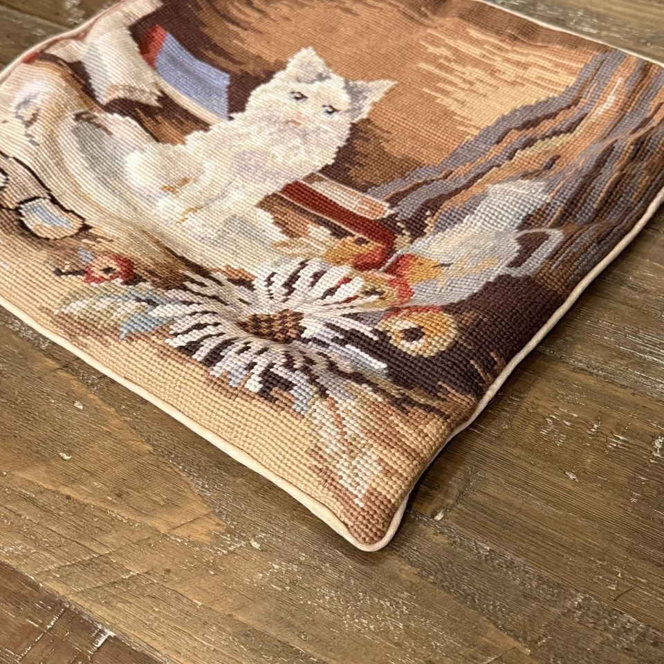 Vintage Needlepoint Cat Pillow Cover Handmade Wool Grannycore 16"x15” Read - Image 2 of 4