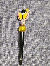 Handmade Beaded Yellow Butterfly with Charm Twist Click Pen