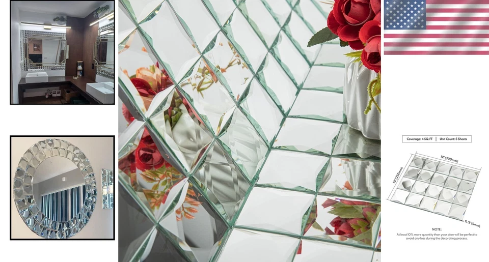 Azulejo de vidrio espejo biselado de 2 pulgadas pelar y pegar para salpicadero de cocina elegante Foto 2 de 4