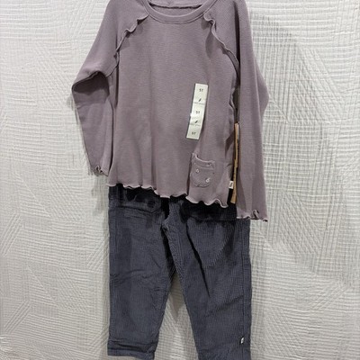 Easy Peasy 2 Piece Girls Purple LS Knit Shirt And Gray Cordaroy Pants Size 5 T