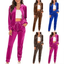UK Ladies 2Pcs Hooded Set Tracksuit Crushed Velvet Zip Coat Top Pants LoungeWear
