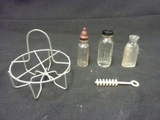 VINTAGE DOLL GLASS BABY BOTTLES WITH NIPPLES STERILIZER RACK BOTTLE BRUSH