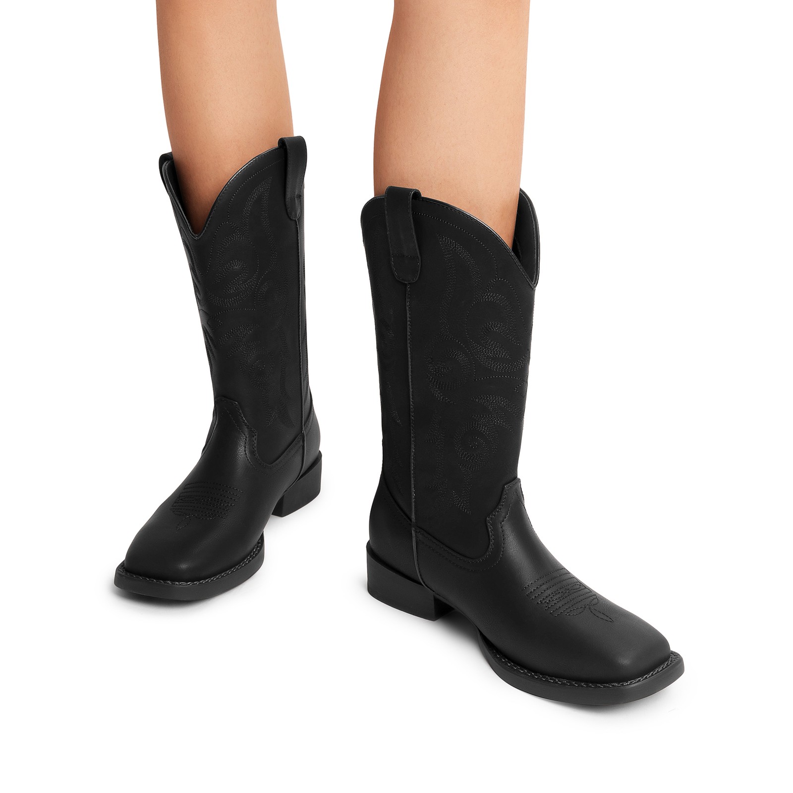 Women Mid Calf Boots Cowboy Cowgirl Boots Embroidered Square Toe Western Boots