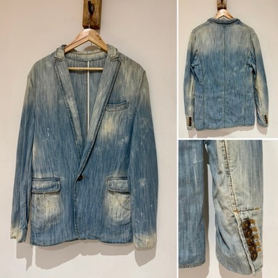 Dsquared2 Distressed Bleach Vintage Wash Blue Acid Denim Blazer Jacket Italy 48