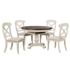 Andrews 5PC 48in Round 66in Oval Extending Dining Table Set Off White Brown Wood