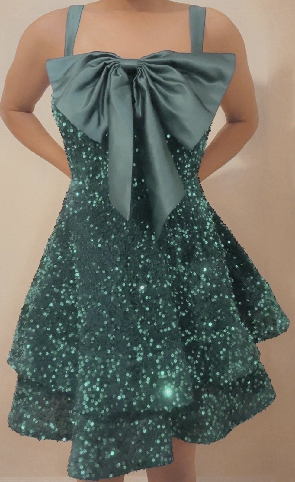 Green Sequin Mini Fit & Flare Dress with Bow, Tiered Skirt, High Neck, Sleevele…