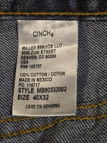 Cinch Green Label Mens Regular Fit Straight Leg Blue Jeans Sz 40X32 - Picture 5 of 5
