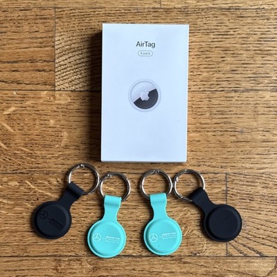 Apple AirTag (1st Gen) 4 pack w/ Mercedes F1 Keychain Holders Black & Teal - NEW