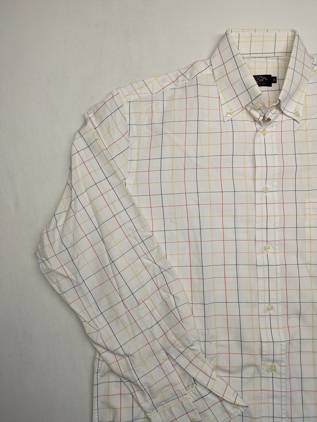 top Paul & Shark Herren Hemd Gr 39 S Langarm Button-Down Weiß Bunt Kariert Logo image 3