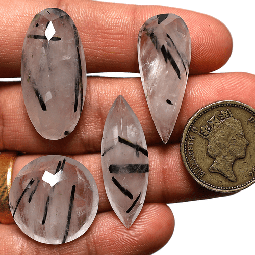 4 PC Natural Tourmaline Rutile Quartz High Grade 22mm-33mm Faceted Cut Gemstones - Picture 1 of 13