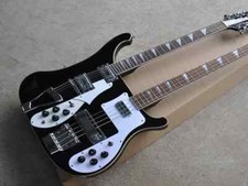 Double Neck Black Body Electric Bass Guitar with White Pickguard,Chrome Hardware