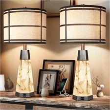 Natural Alabaster Table Lamps Set of 2 with USB A C Ports Dimmable
