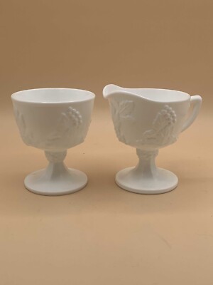 Vintage Milk Glass Colony Creamer and Sugar Bowl Set in Harvest Grape Pattern