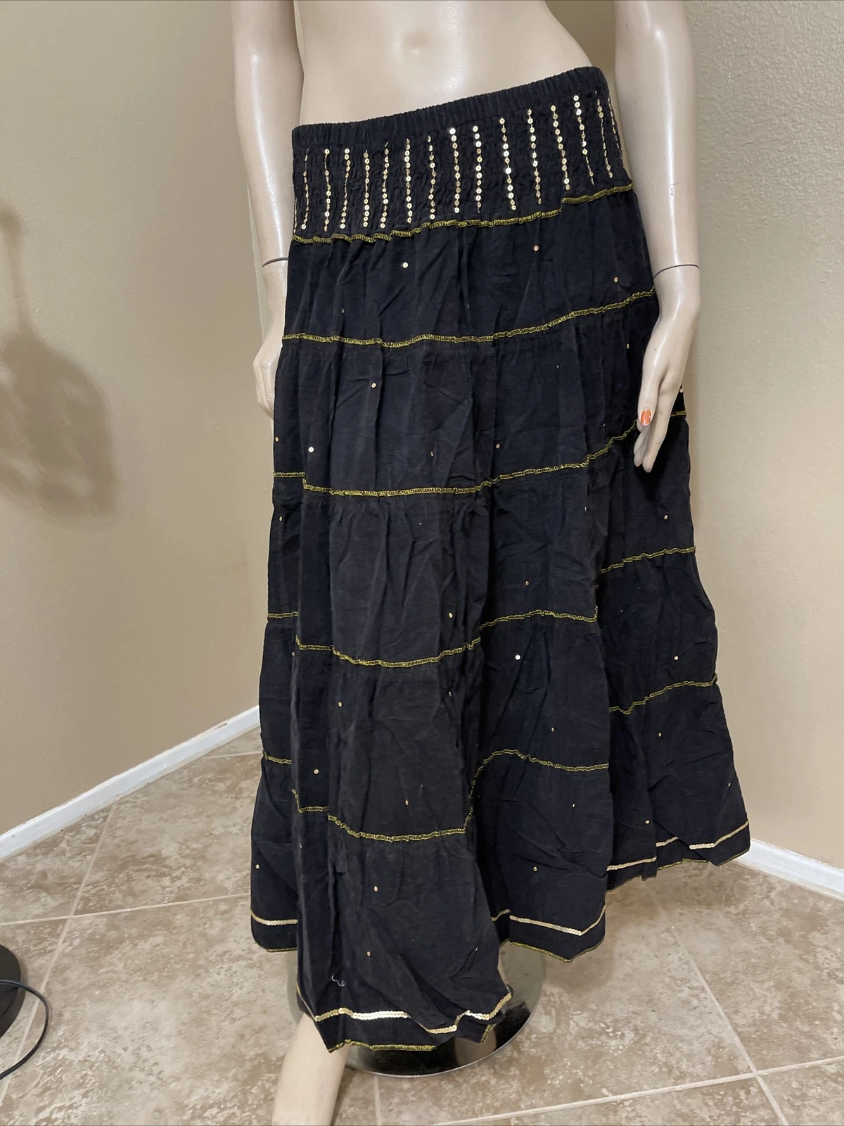 Women’s Black Cotton Casual Boho Beaded Ruffle Hippie Velvet Size L Skirt
Opens in a new window or t
