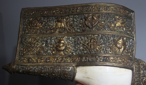 Real Rare Tibet Vintage Old Buddhist Copper Conch Horn Trumpet Dungdkar Shankha - Picture 12 of 18