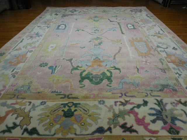 Alfombra Oushak Turca Rosa, Alfombra Moderna Multicolor 10x14, Hecha a Mano Foto 3 de 4