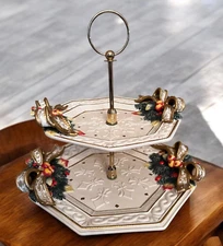 Vintage Fitz & Floyd 2-Tier Ornate Christmas Holiday Serving Tray